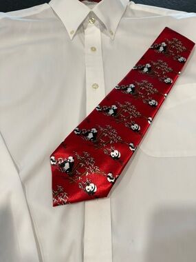Red Panda Print Silk Neck Tie with Bamboo Motif